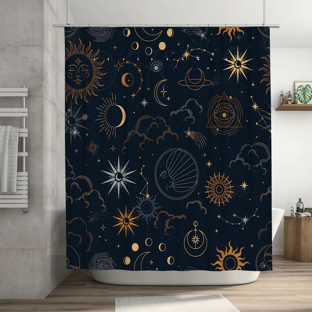 Gothic Astral Shower Curtain with Golden Constellation Sun Moon Eye Design for Bathroom Decor Navy Blue White Sun Moon Bathroom