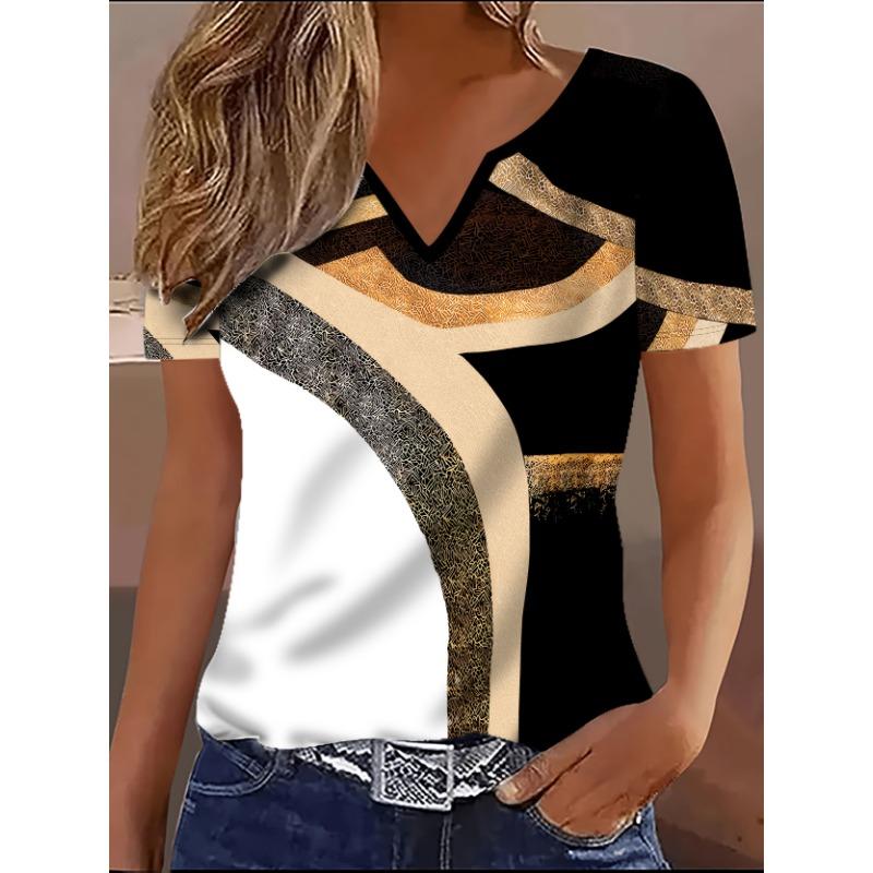 [Directional] Elegant directional women s V-neck short-sleeved printed T-shirt women s elegant trendy printed geometric top S
