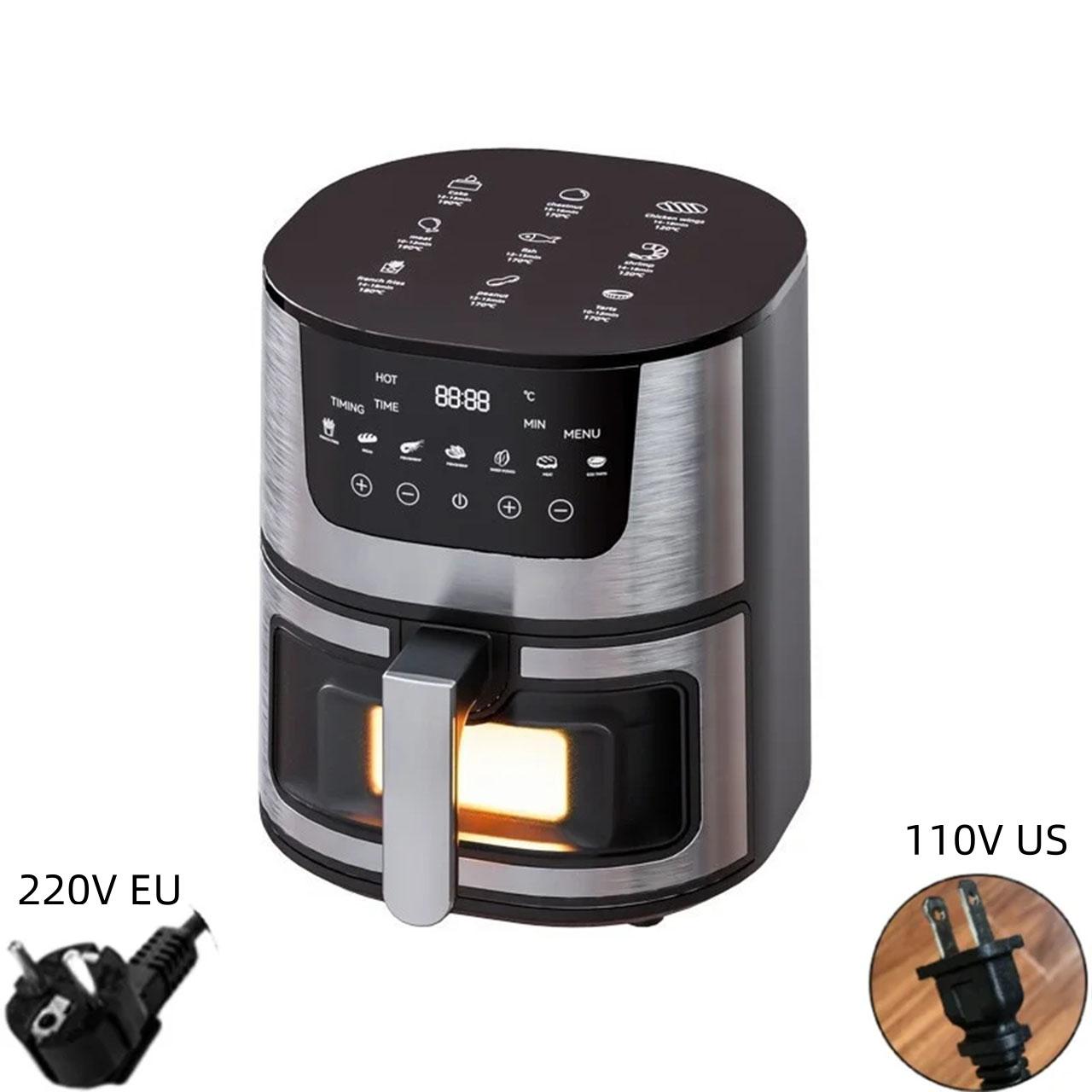 

2024 Новая бытовая автоматическая интеллектуальная фритюрница объемом 7 л с визуальным дизайном из нержавеющей стали с сенсорным экраном EU