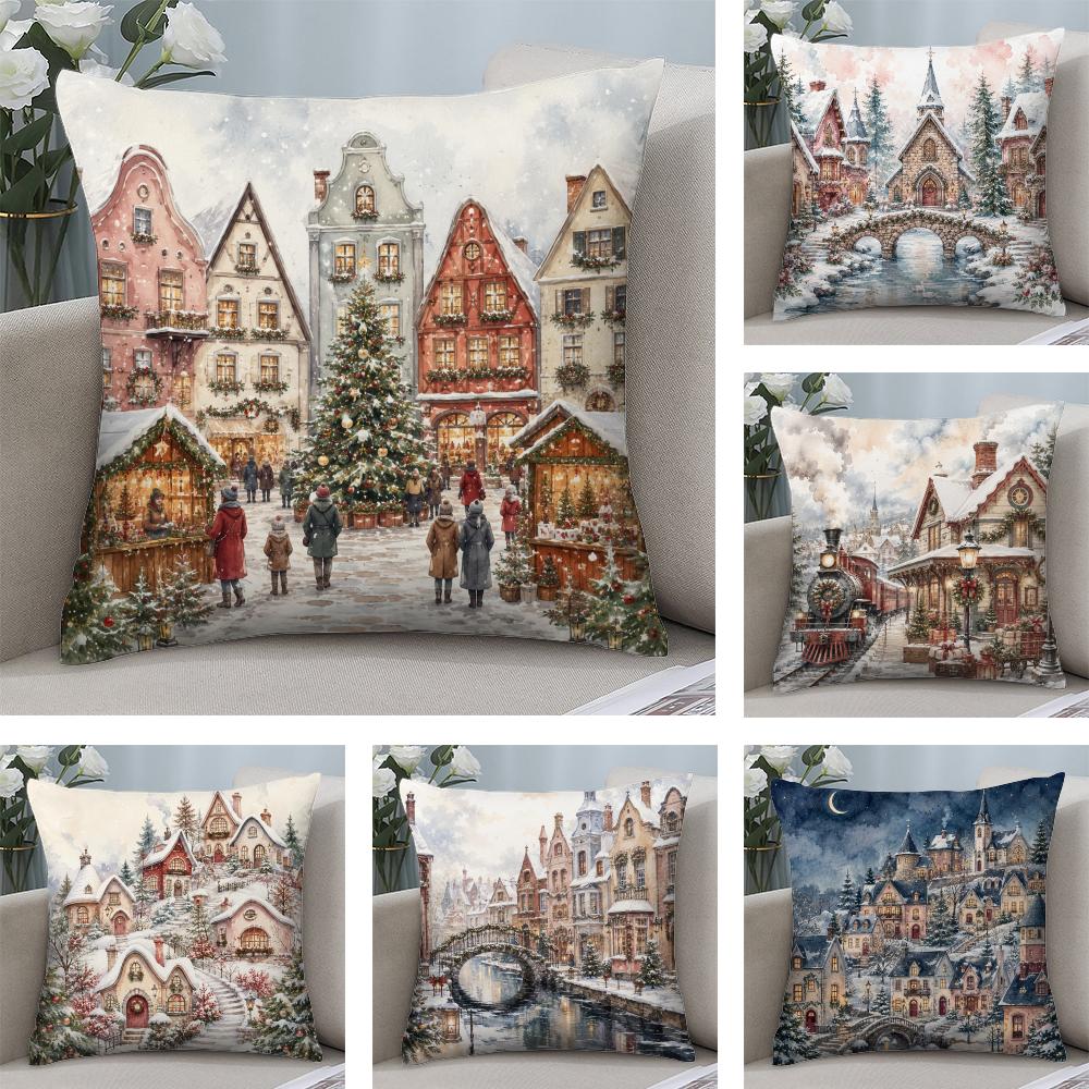 Christmas Village Winter Snowy Houses Cushion Cover Short Plush Pillow Case Machine Washable Wrinkle-Resistant Soft Durable