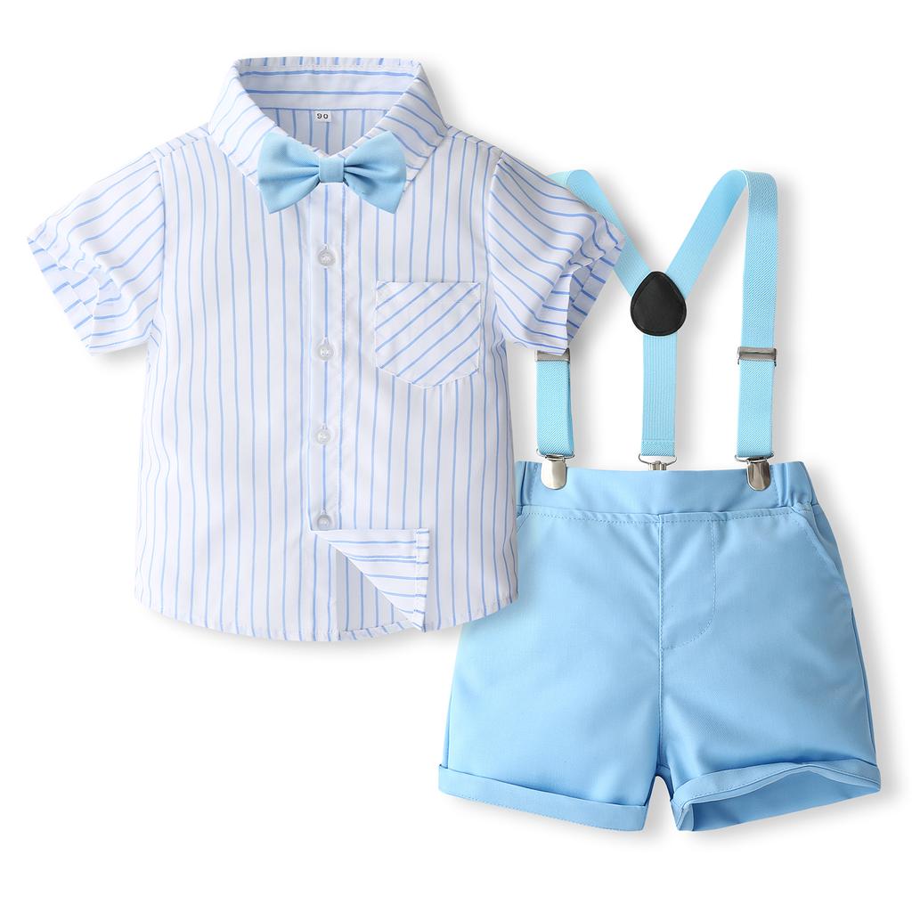 Boy Gentleman Outfit Vertical Stripe Print Short Sleeves Shirt with Bow Tie and Suspender Shorts Set for Formal Wear