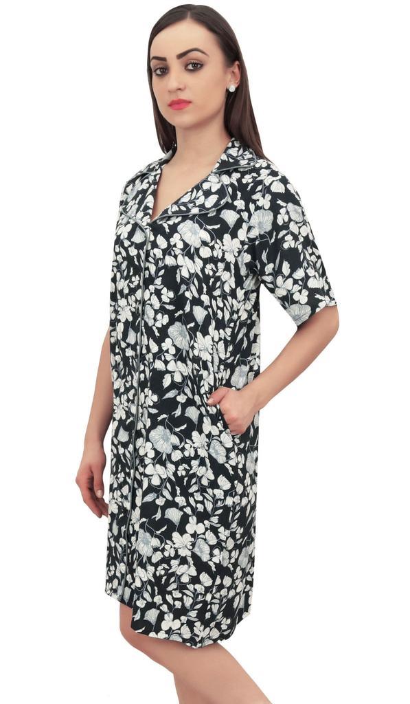 Bimba Floral Print Black Women Sleepshirt Notched Collar Sleepwear Nightshirt -