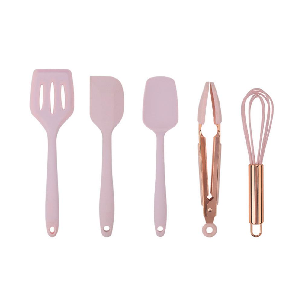 

Набор из 5 предметов, силиконовая кухонная утварь с ручкой из розового золота, мини-скребок для выпечки, венчик, зажим для еды, детский дополнительный розовый набор инструментов для еды 5pcs / set розового золота