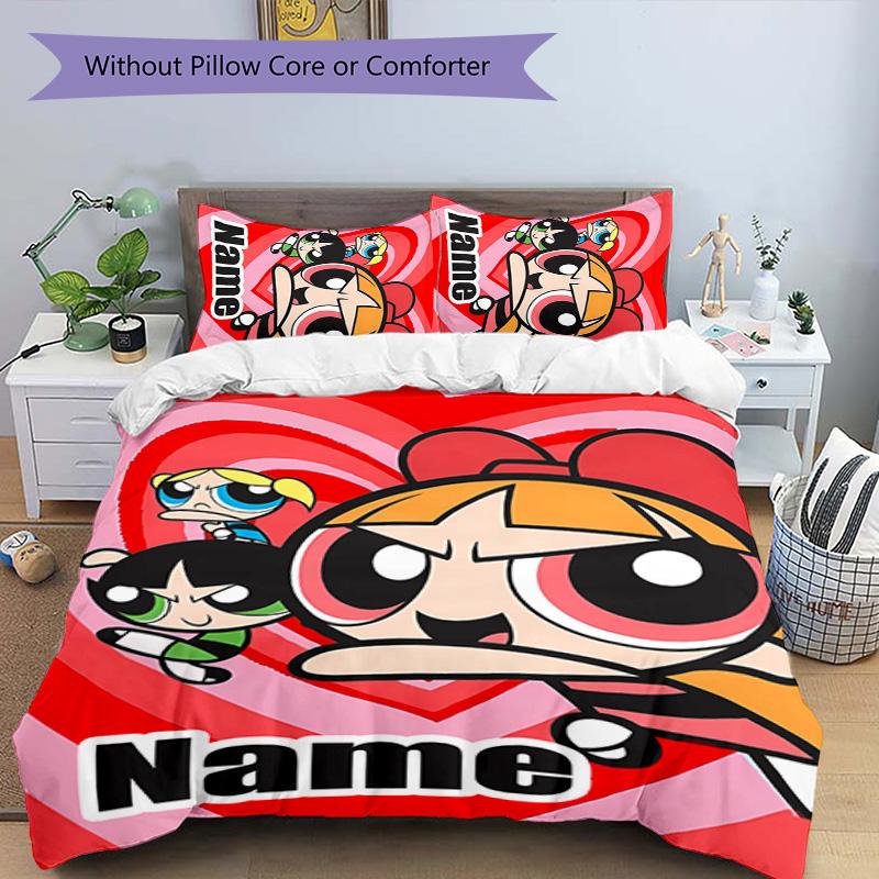 3pcs The Powerpuff Girls4 Cover Set - Personalized Name, HD Printed Bedding with 1 Cover and 2 Pillowcases - Perfect for Home Decor, Easy Care
