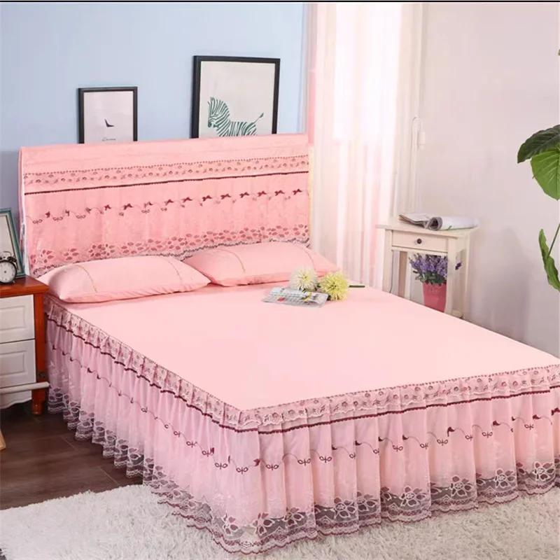 Colcha morada estilo falda de cama, funda de cama de encaje de 1,8 metros, colcha antideslizante de estilo princesa rosa, 2 fundas de almohada, juego de tres piezas, 3 uds.