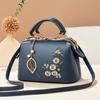 Women's Floral Embroidered Handbag, PU Leather Kiss Lock Crossbody Shoulder Bag with Leaf Charm, Elegant Boston Pillow Bag