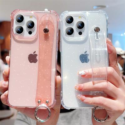 Luxusní třpytivé průhledné pouzdro s řemínkem na zápěstí pro iPhone 11 12 13 14 15 16 Pro Max XR X XS 7 8 Plus Silikonový měkký nárazuvzdorný kryt