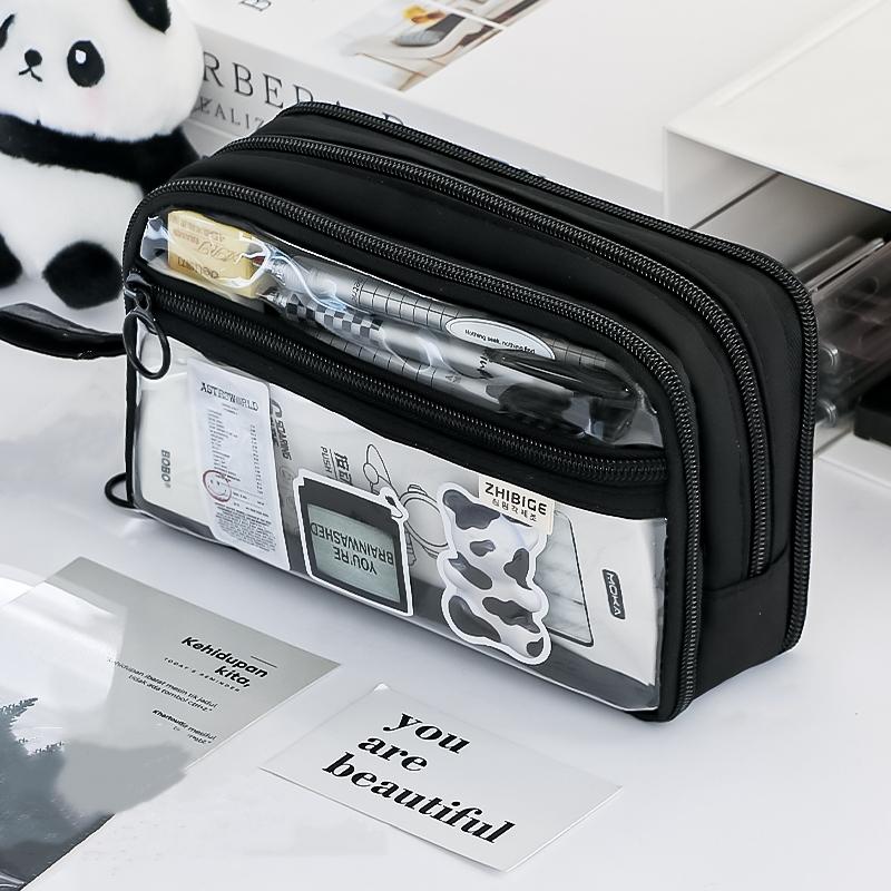 Dual-side Transparent Pencil Bag Pen Case 4 Layer Multi Pocket Storage Pouch for Stationery School A7628
