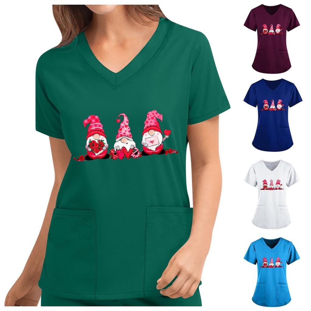 Women's New Cute Valentine's Day Love Pocket V-neck Short Sleeve Loose Top