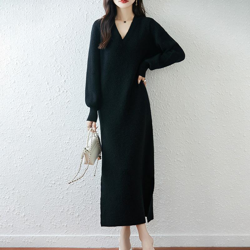 Women Sweater Dress 100% Wool MODERN NEW SAGA V-neck Knit Long Pullover Winter Jumpers Wool Long Dress Female
