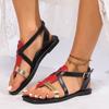 Fashion Summer New Toe Sandals Women's Fashion Round Toe Open Toe Color Block Cross Lace-up One Buckle Strap Soft Sole Flats