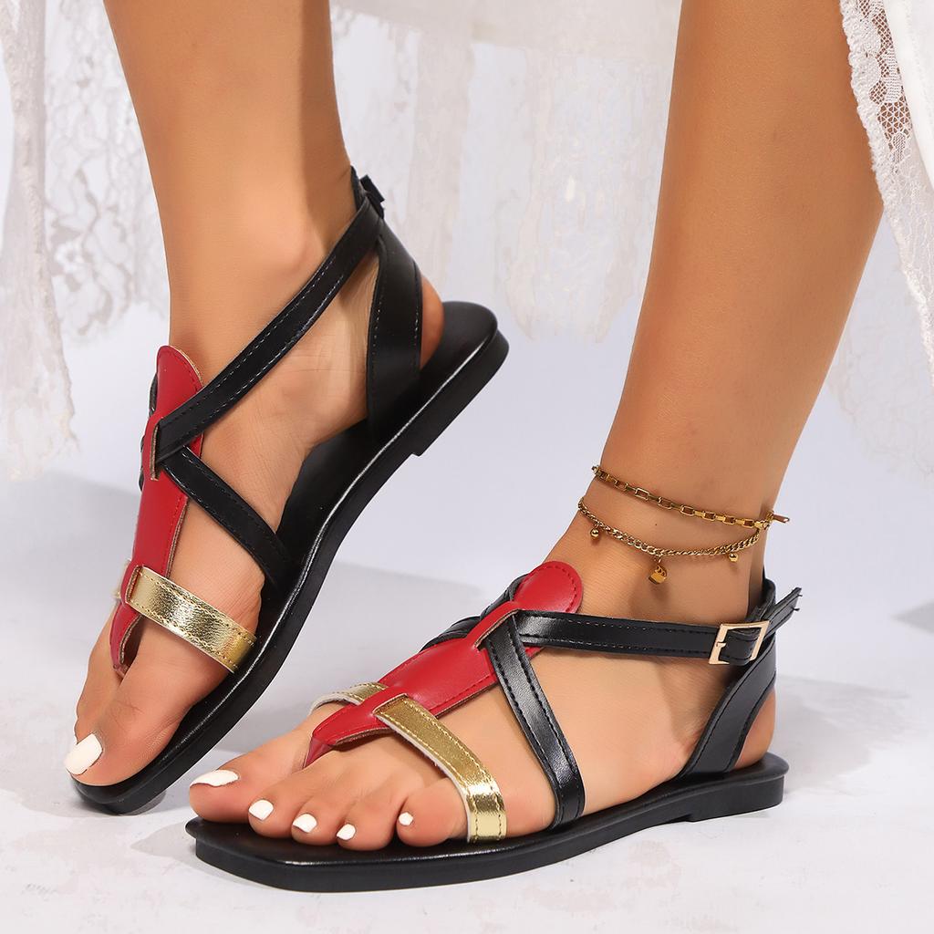 Fashion Summer New Toe Sandals Women's Fashion Round Toe Open Toe Color Block Cross Lace-up One Buckle Strap Soft Sole Flats