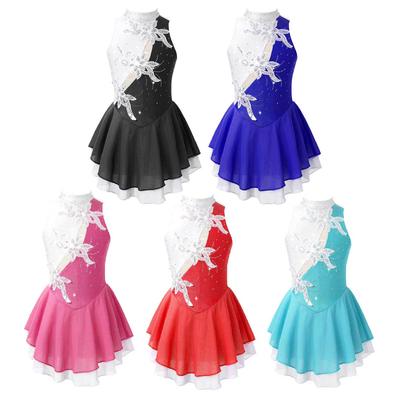 Dresses for Kids Girls Dancing Wear Sleeveless Shiny Sequins Floral Decor Skating Dress