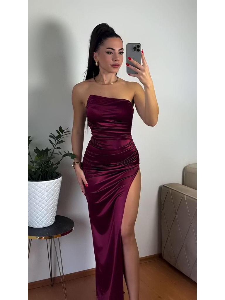 Satin Waist-Cinching Strapless High Slit Dress for Women - Summer 2025 Collection