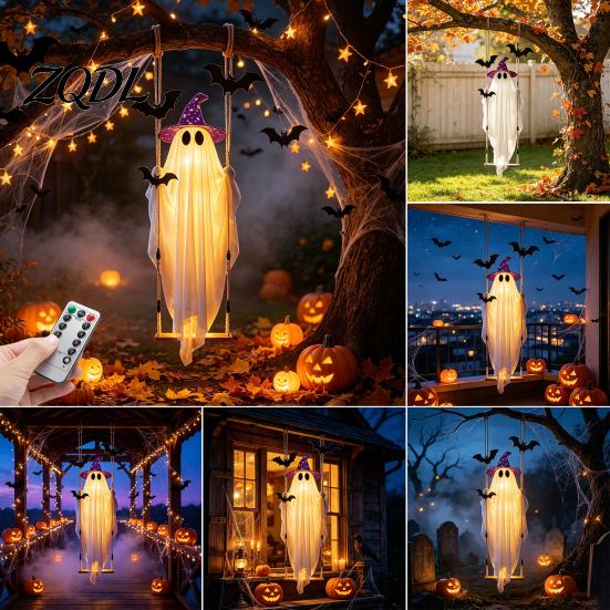 Decorative Polyester Ghost for Garden Halloween Swing Hanging Ornament with LED String Lights Outdoor Decor, Adjustable Horror Themed Lawn Ornaments