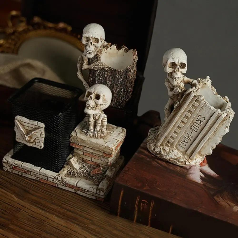 Resin Crafts Halloween Skull Pen Holder Funny Skeleton Toothbrush Holder Home Desktop Decoration