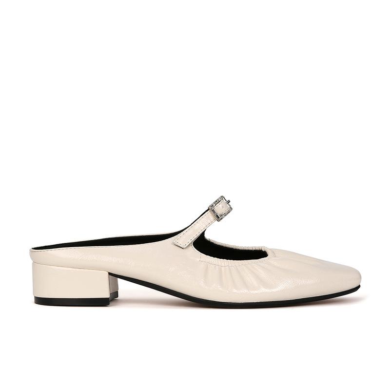 [] Please See the Details~ Square Head Lamb Pattern Pleated Bag Head Thick Heel Slippers Women's Half Drag Outer Wear