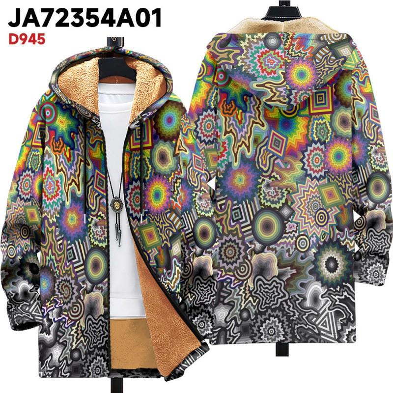 Winter Hooded Zip-up Cotton Jacket Teens British Style 3D Print Fleece Lined Loose Fit Outdoor Wear