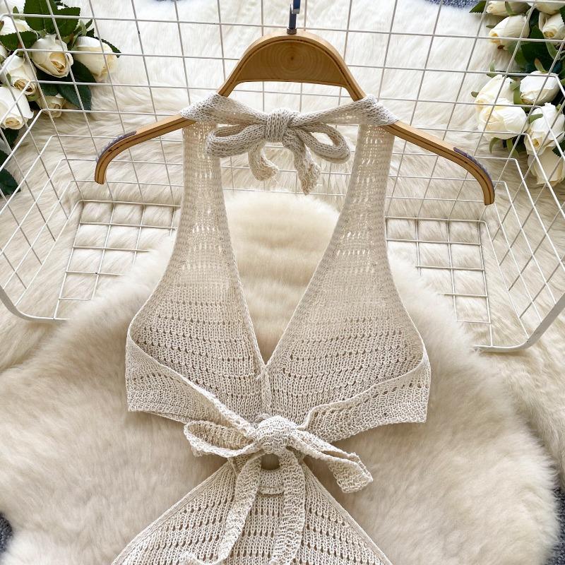 Women's Vacation Style Halter Dress Summer Deep V-neck Slit Backless Strappy Dress