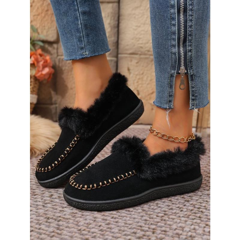 Women's Plus Size Furry Cuff Flat Cotton Shoes Autumn Winter Fleece Lined Warm Slip on Shoes