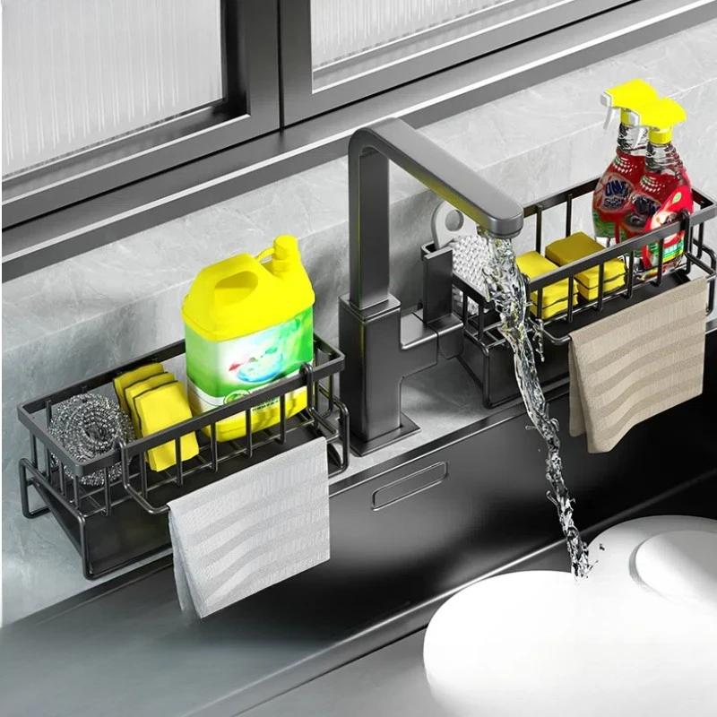 Abflussrinne aus Kohlenstoffstahl für Küchenspüle, Handtuchhalter, Aufbewahrungsregal, Küchenzubehör, Rack, Schwammaufbewahrung, Wasserhahnhalterung, Seife