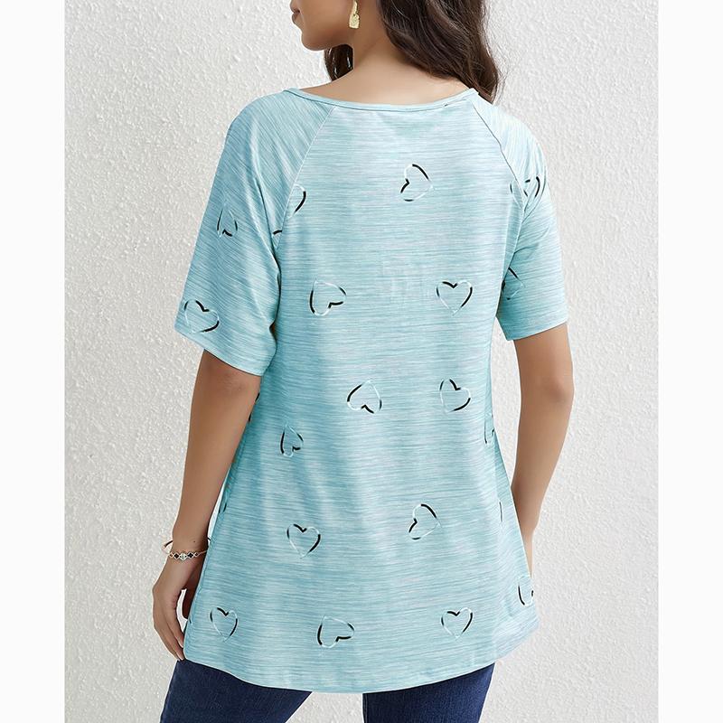 Spring Summer New Zipper Short Sleeve Shirt Women Tops Casual Love Print Pullover T-shirt Woman Fashion Elegant Loose Lady Blouse 24145