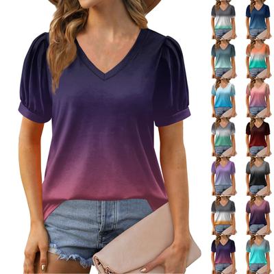 Women's Fashion Top Puff Short Sleeve V-neck T-shirt Loose Casual T-shirt