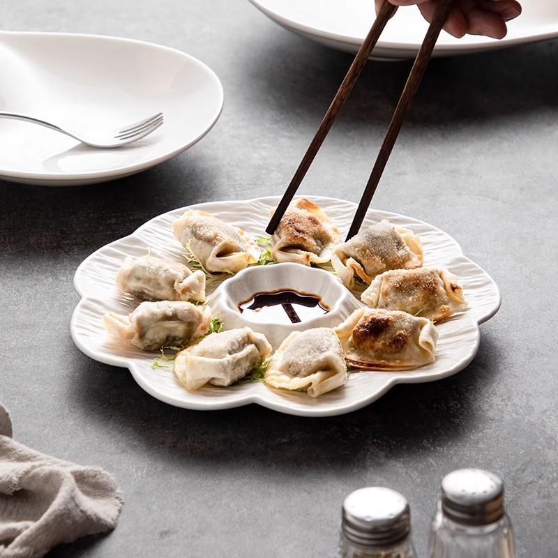White ceramic dumpling plate with vinegar  special grid plate for household dumpling  shrimp plate, breakfast dish  French fry