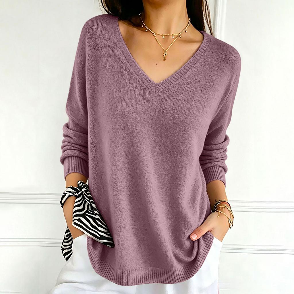 Women's Color V-Neck Long Sleeve Knit Sweater Casual Basic Lightweight Top for Daily Wear