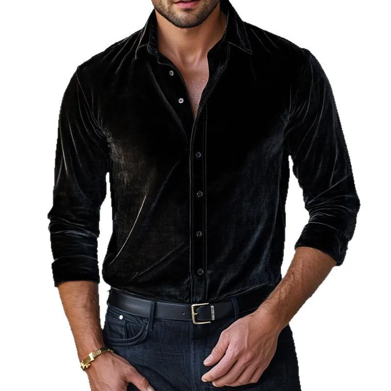 Autumn Winter Flannel Casual Shirts Men Solid Color Velvet Shirts Mens Long Sleeve Turn-Down Collar Business Vintage Shirt Man