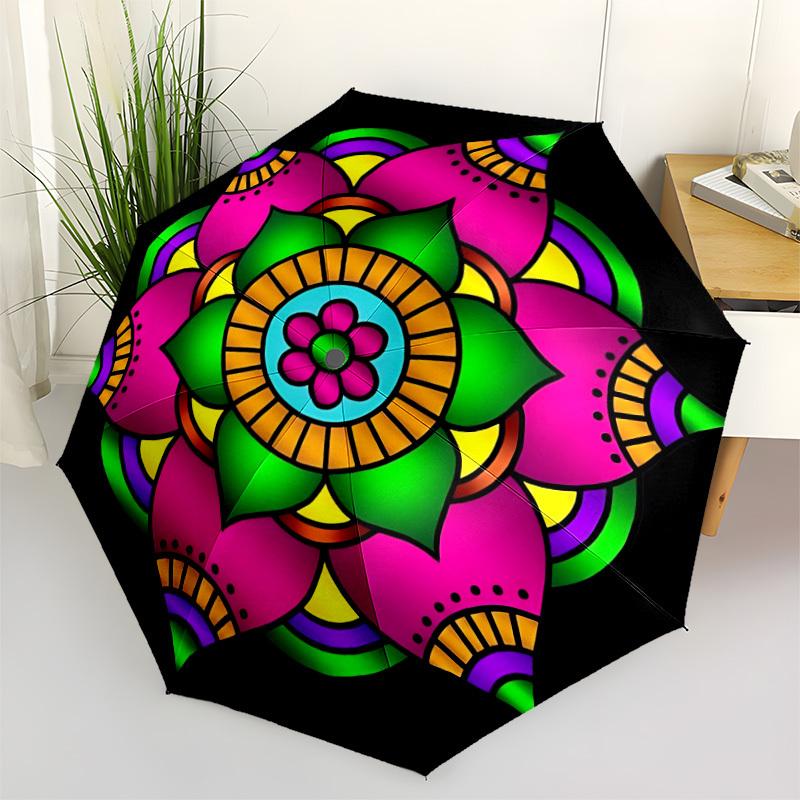 

1pc Mandala Pattern Automatic Umbrella - Stylish, Durable, with 8-Rib Manual Open Design, Elegant Black Handleyy250920107