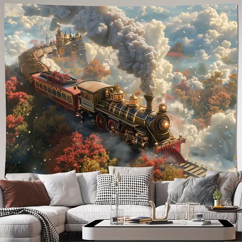 

2D Magical Steam Train in the Clouds Tapestry Fantasy Autumn Forest Scene Wall Decor Cloth for Home & Bedroom 47.2x31.5inch/120*80cm