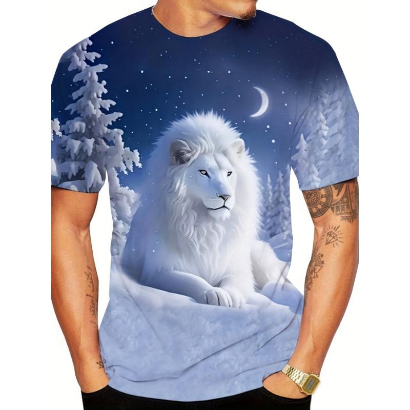 3D Snow Lion Printed T-Shirt for Men Cool White Animal King Moonlit Graphic Short Sleeve Tees Trendy Casual Round Neck Harajuku Style Streetwear Tops