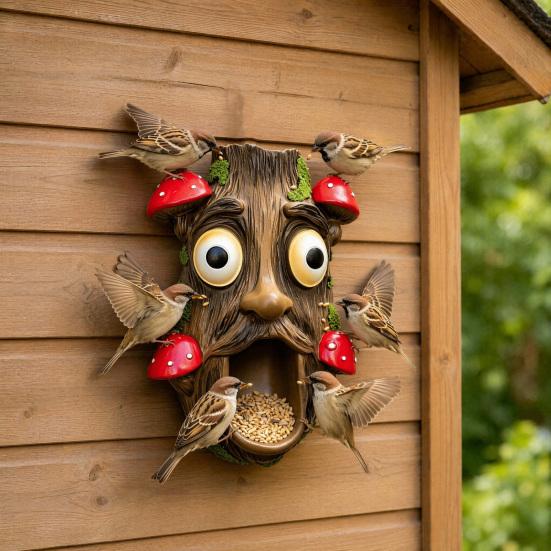Tree Face Bird Feeder, Funny Tree Face Garden Sculpture, Outdoor Decorative Bird Feeder for Trees Fences Posts Walls