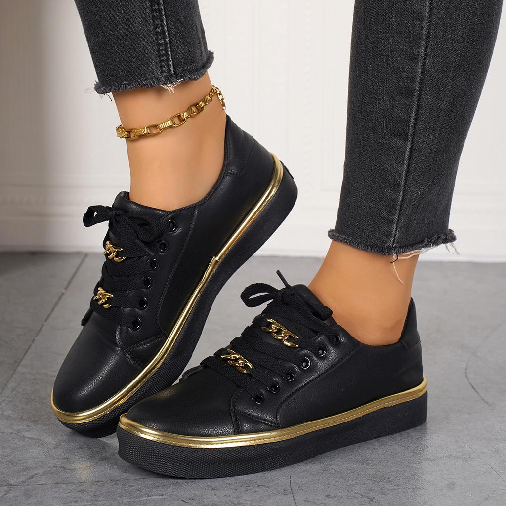 Platform Chain Sports Wind Low-top Single Shoes Women's Leather Front Lace-up Foot Cover Casual Sneaker Shoe Zapatos Mujer