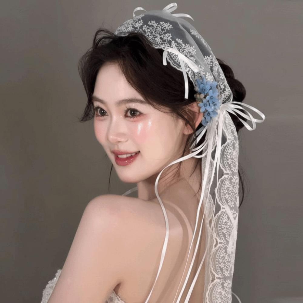 French Style Bride Lace Bow Long Headband with Bow Ribbon Bridal Lace Bow Ribbon Headband