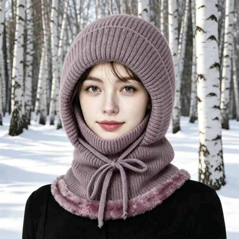 Women's Windproof Winter Hood Scarf Fleece Lined Knitted Warm Adjustable Neck Warmer for Snow Activities Outdoor Work