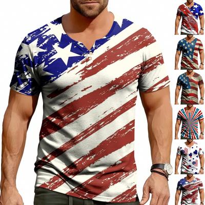 Men's Casual Summer V-neck Short Sleeved Top With Buttons, Independent Day Print Short Sleeved Top