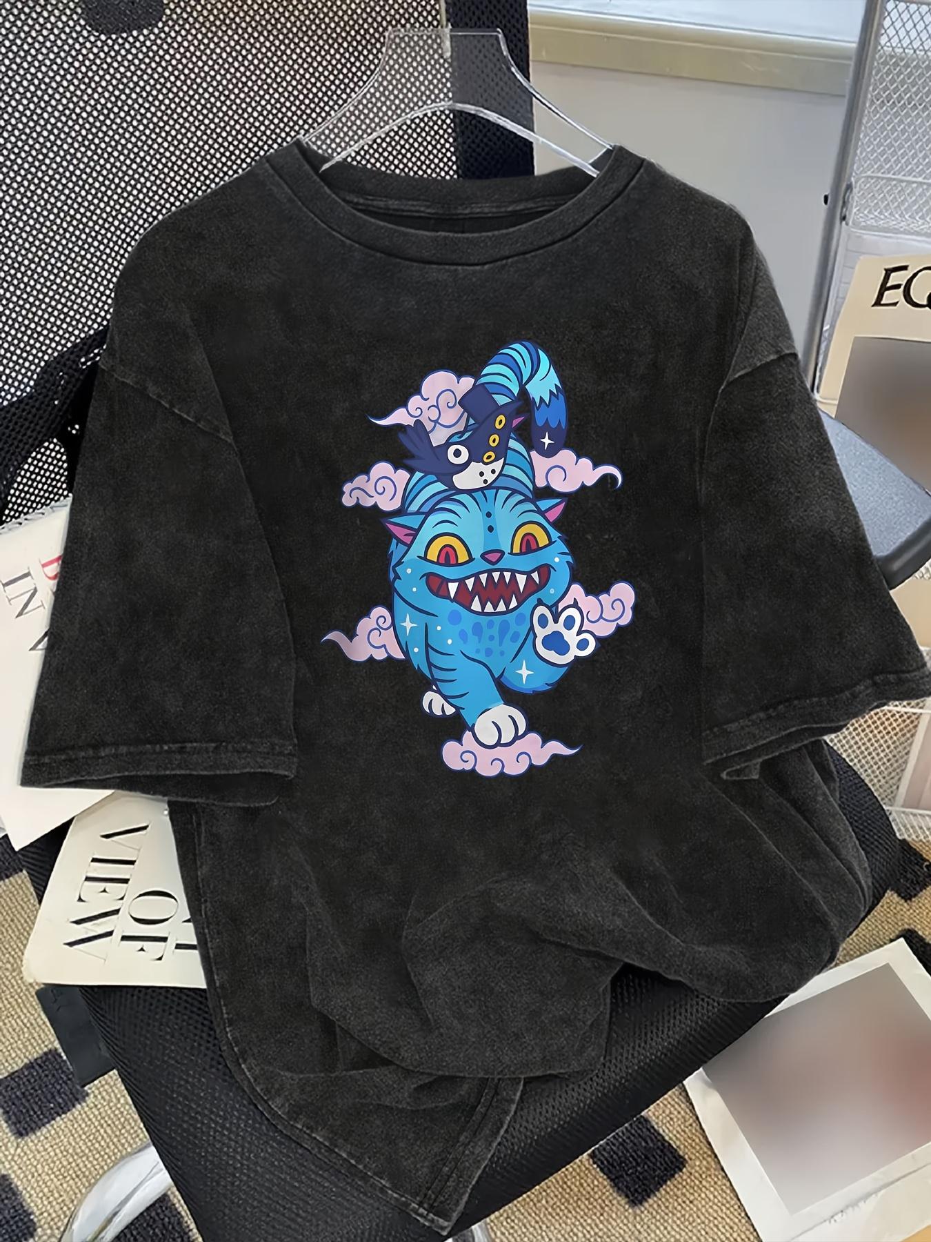 

Men Women s Vintage-inspired Demon Hunter Graphic T-shirt Black With Blue Purple Cartoon Demon Design Soft Casual T-shirt S