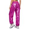 Shiny Metallic Cargo Pants for Women Elastic Waistband with Ruffle Trim Multiple Pockets Jogger Style for Hip Hop Music Stage Outfit