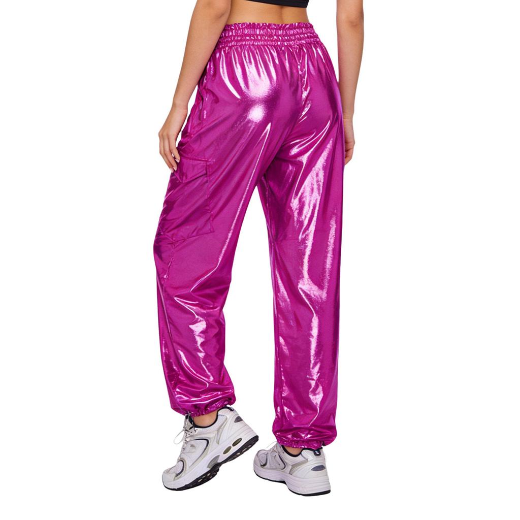 Shiny Metallic Cargo Pants for Women Elastic Waistband with Ruffle Trim Multiple Pockets Jogger Style for Hip Hop Music Stage Outfit