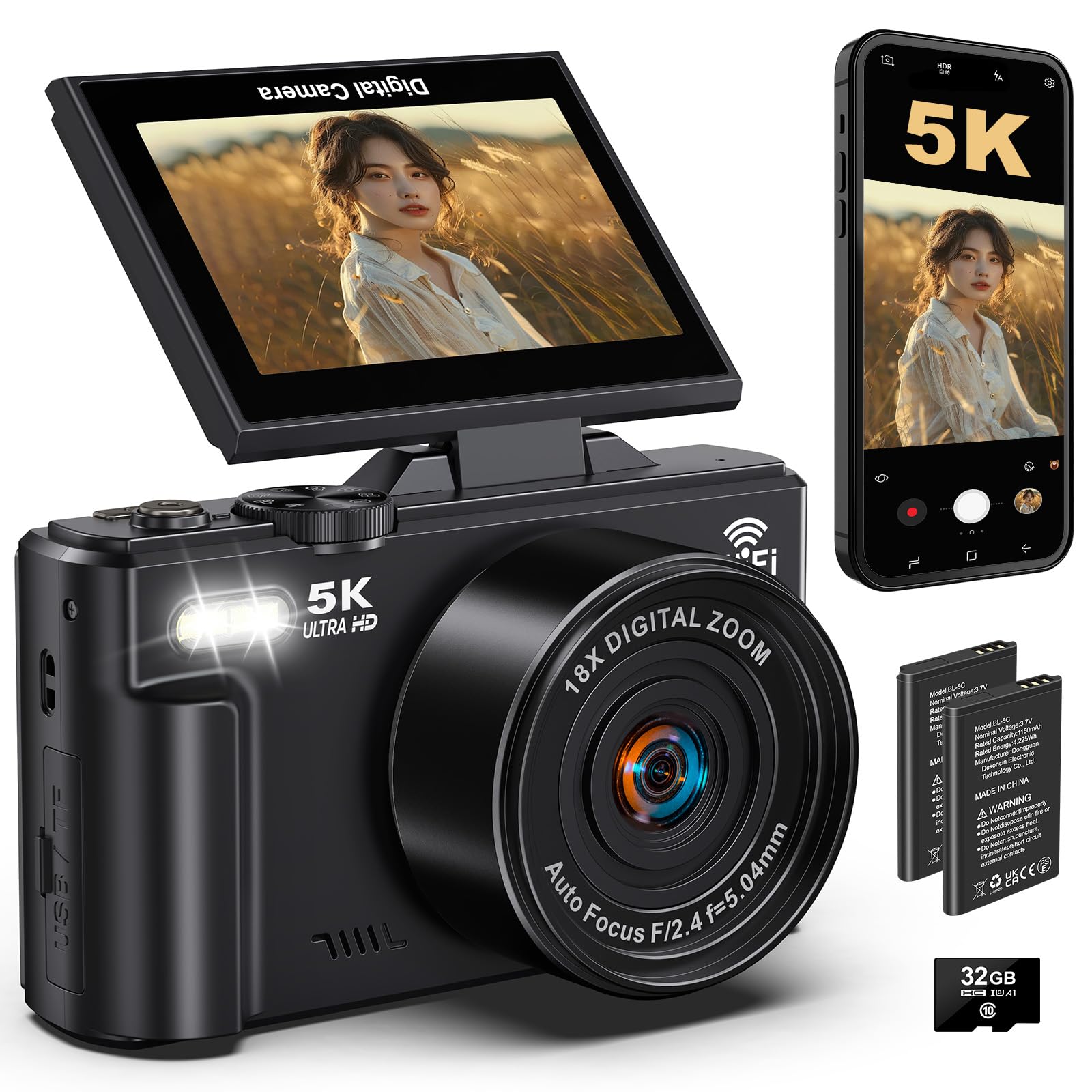 

5K 75MP digital camera with rotatable auto 18x digital continuous 32GB card perfect for and school Wi-Fi enabled, 180-degree display, zoom, focus, чорний