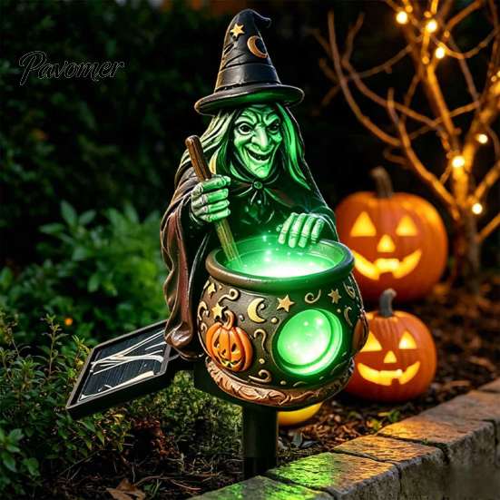 Whimsical Witch Hat Figurine Solar Cauldron Garden Stake Light, Resin Halloween Glowing Pathway Unique Pumpkin Pattern Decor Lamp, Waterproof Outdoor