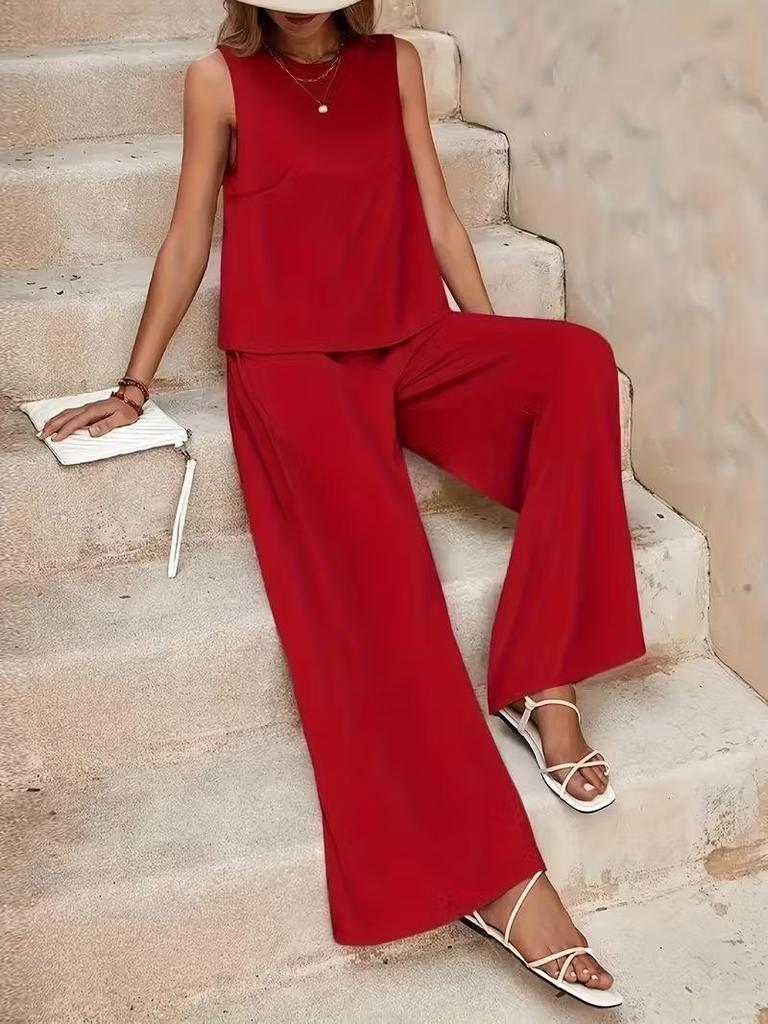 European & American Women's Fashion Set: Sleeveless Solid Top & Wide-Leg Pants 2026