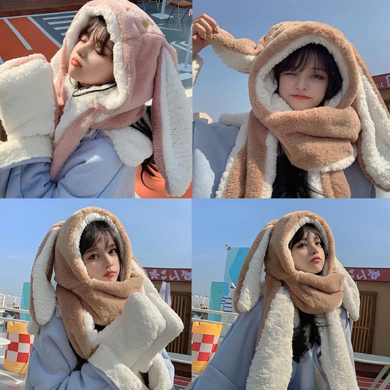 3in1 Winter Hat Glove Scarf Set Warmer Soft Plush Cartoon Rabbit Hat for Student