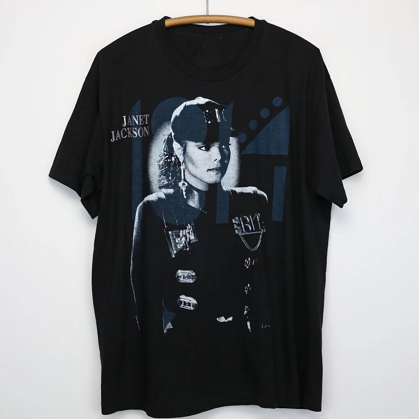 

Janet Jackson Rhythm Nation Tour TShirt Black Cotton Tee Iconic Logo Print Casual Round Neck Machine Washable Casual Wear M