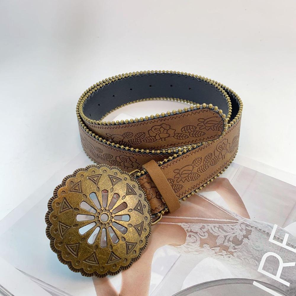 Zinc Zinc Alloy Cowgirl Buckle Belt Vintage Flower PU Hollow Belt Fashion Cowboy Waistband  Dress Decoration