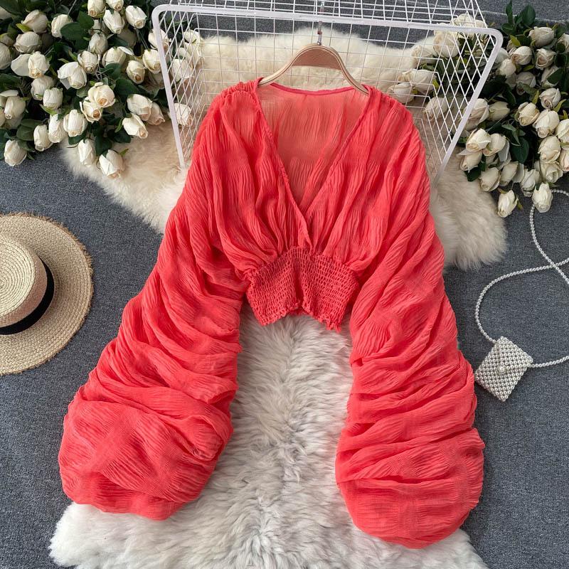 Women's Top with a Stylish Design, Pleated Puff Sleeves, Slim Fit, Short Length, Fashionable and Versatile Chiffon Shirt