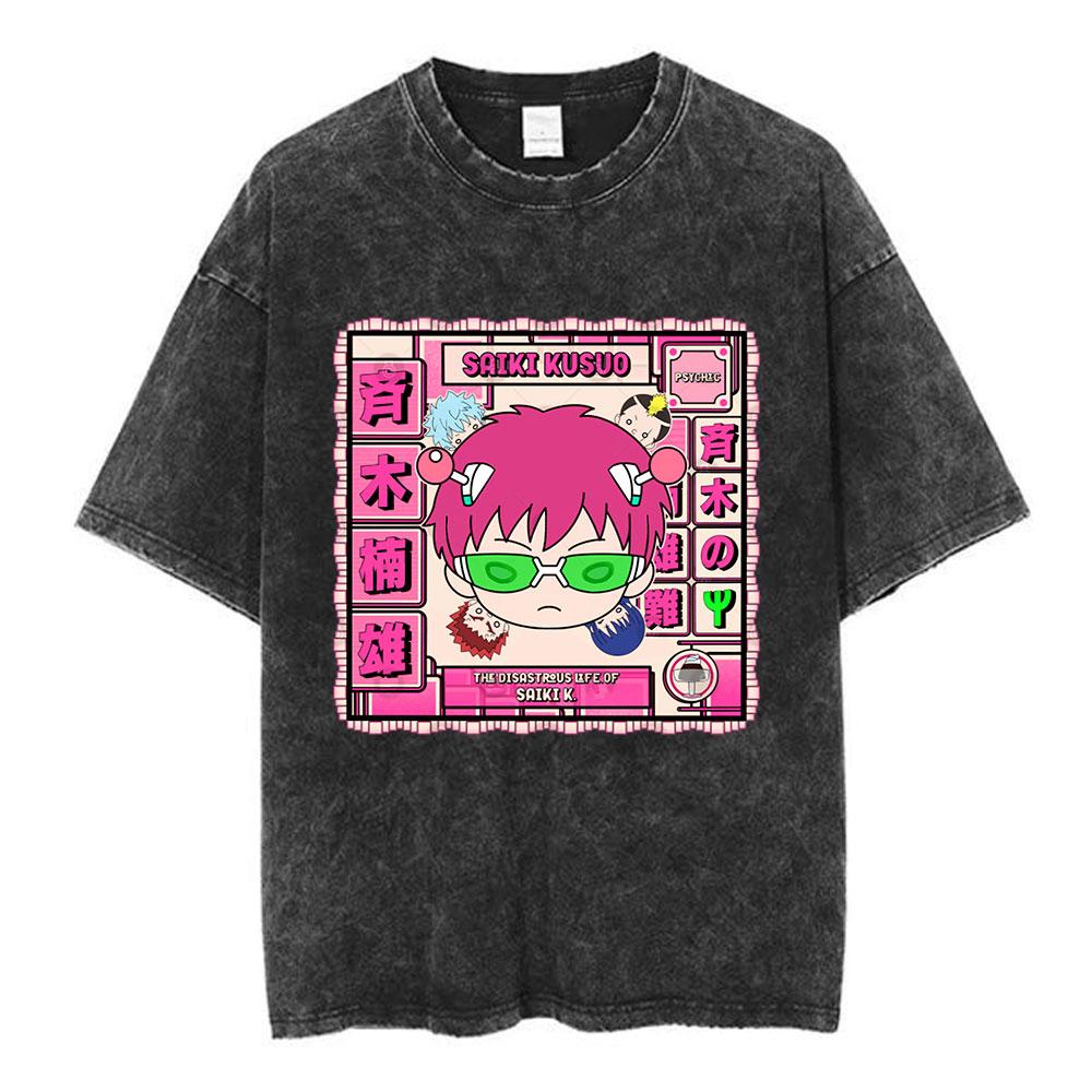 Anime The Disastrous Life of Saiki K Vintage Washed Short Sleeve TShirt Saiki Kusuo Fashion Harajuku Hip Hop Casual Tee Shirts