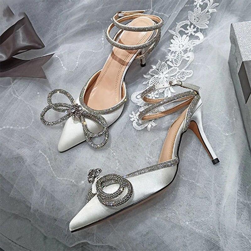 Fashion New Fashion Glitter Rhinestones Women Pumps Crystal Bowknot Silk Pointed Toe Buckle Strap Thin High Heels Party Prom Shoes